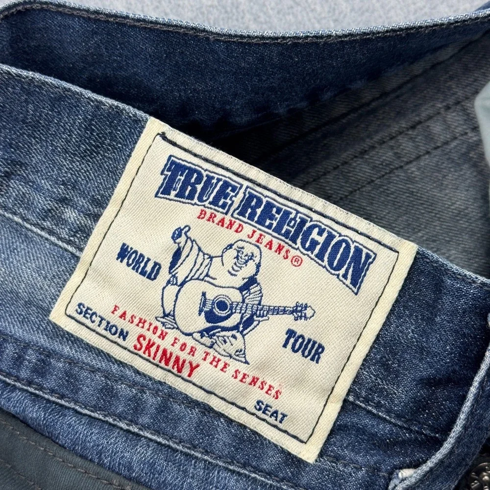 True Religion Jeans Mens 30x26 Blue Denim Skinny Flap Pocket Leather Trim Cotton